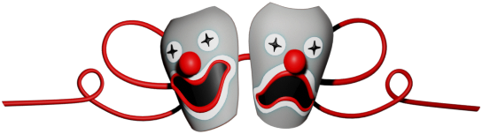 Two drama masks with a red line swirling behind them